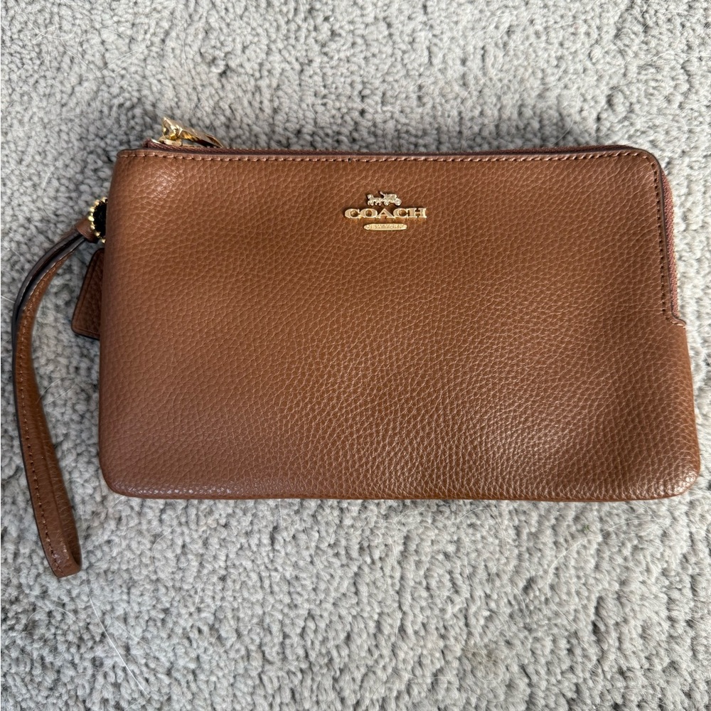 Coach Tan Leather Wristlet with Gold Accents
